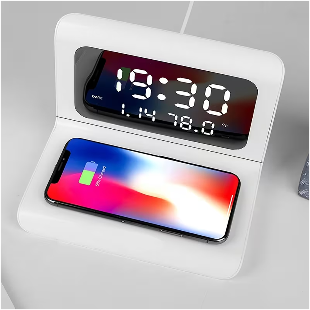 Home Security Wireless - ワイヤレス充電パッドスタンド、目覚まし時計と温度計付き、iPhone 17/16/15/14/13/12/11対応急速充電ステーション