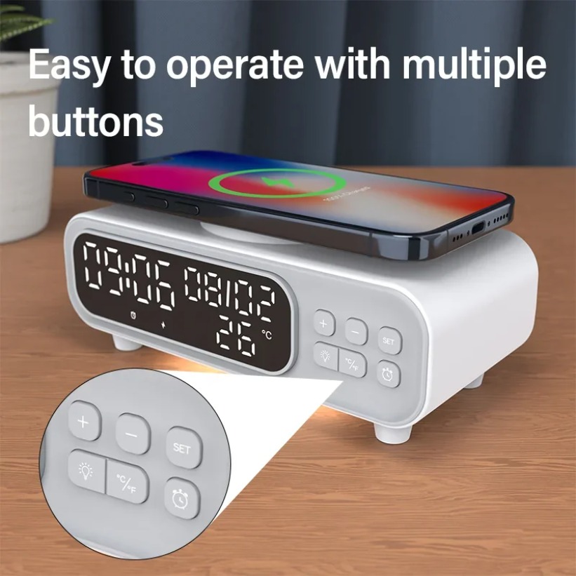 Home Security Wireless - 15 ワットワイヤレス充電器時間目覚まし時計 LED ナイトライト温度計イヤホン電話充電器急速充電ドックステーション iPhone 用