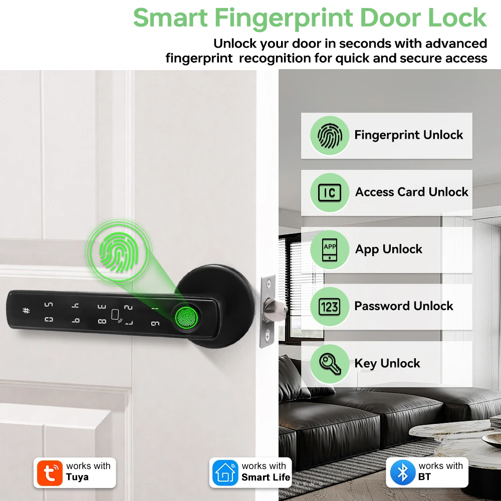 Tuya Bluetoothスマート指紋ドアロック 5つの解 - Door Lock Smart Keypad のレビューと価格